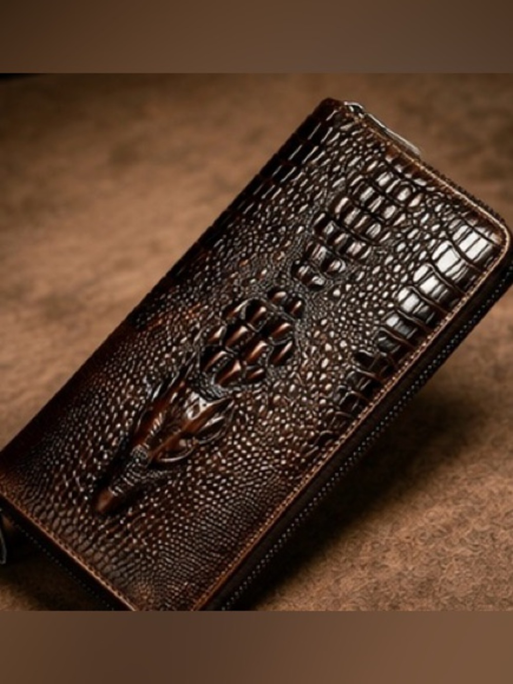 Brown Crocodile Embossed Zip Around Long Wallet Statement Clutch
